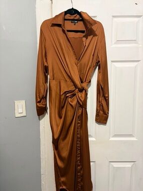 Satin Wrap Maxi Dress in Rust Brown